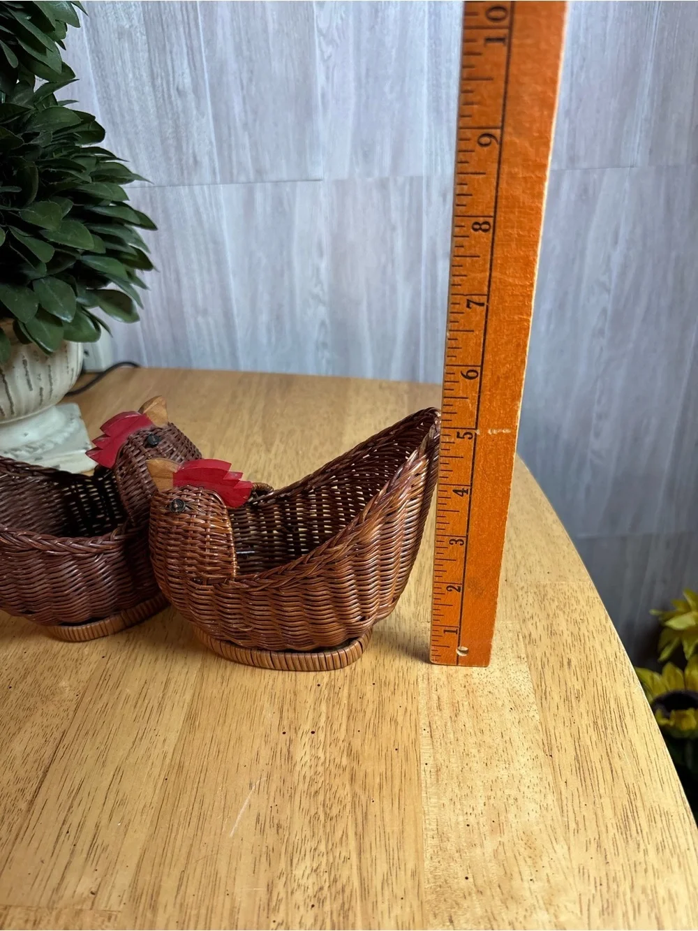 Vintage Pair of Mini Woven Wicker Chicken Baskets with Red Wooden Combs